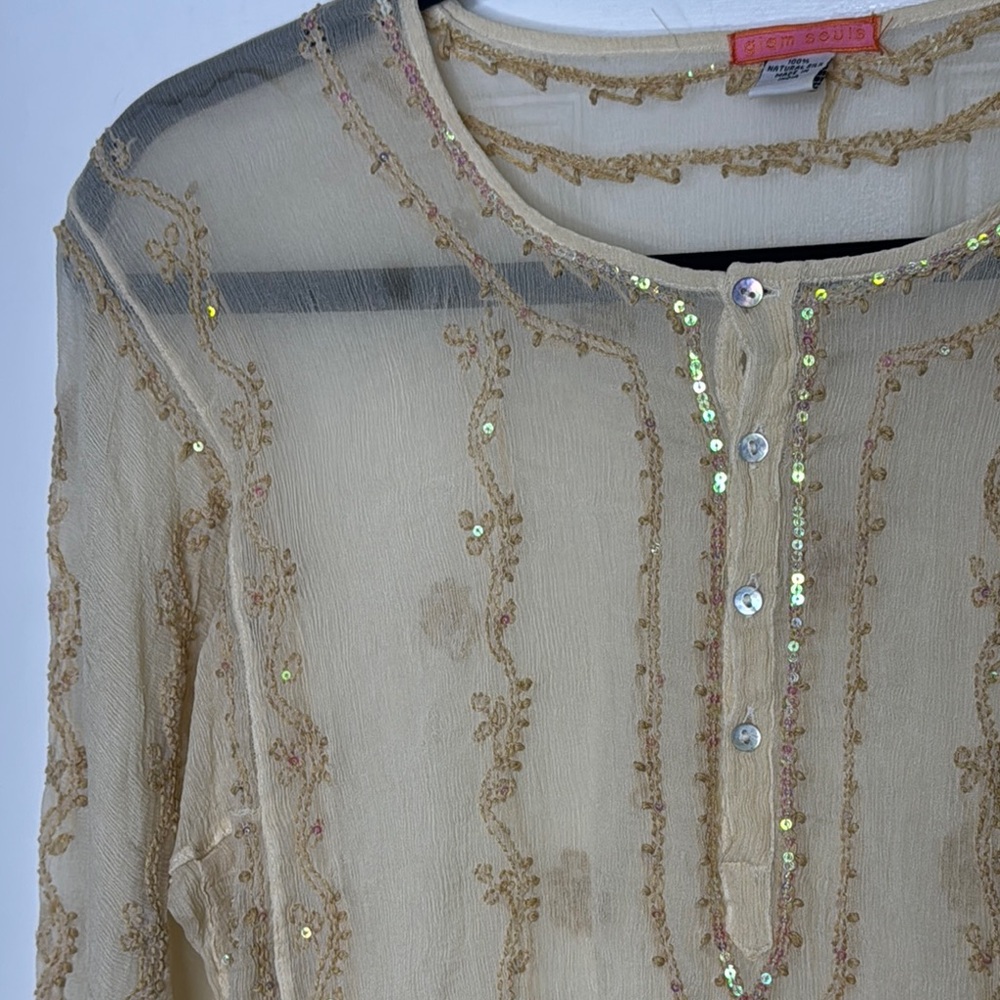Glam Souls Vintage 100% Silk Cream Relaxed Embellished Tunic - Picture 7 of 12